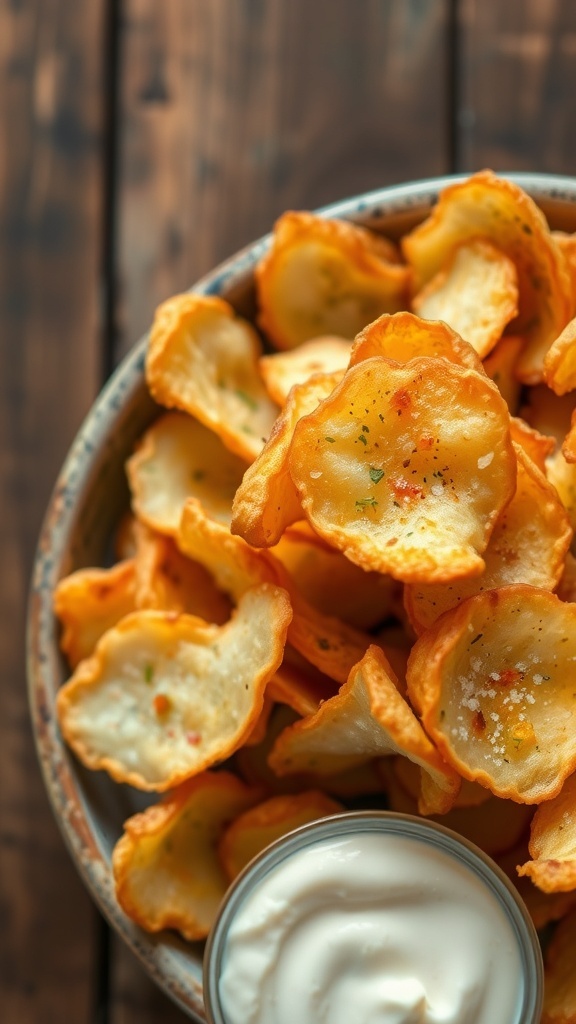 A bowl of golden homemade potato chips with a side of dip on a wooden table.
